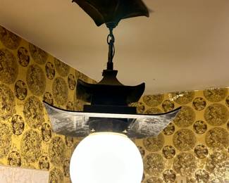 Vintage Iron Pagoda Style Asian  Hanging ceiling light fixture with globe
13”w x 24”h $145