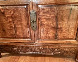 Antique cabinet with 2 drawers, brass handles with carved detail trim 37”w x 23d x 67”h $1295