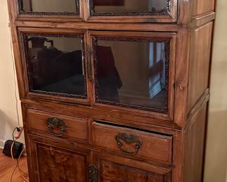 Antique cabinet with 2 drawers, brass handles with carved detail trim 37”w x 23d x 67”h $1295