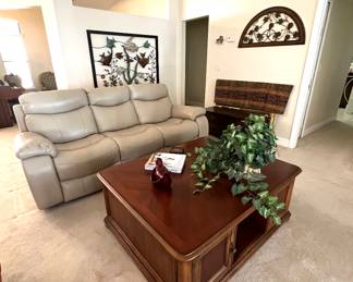 Leather Sofa with Dual Recliner - Coffee Table 
