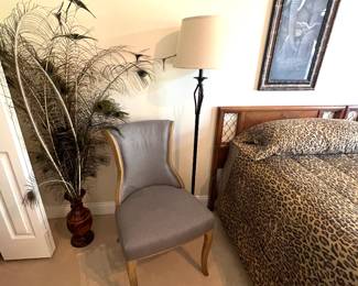 Upholstered Chair - Floor Lamp - Feather Vase Decor 