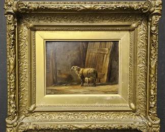 Antique Oil Painting Stable with Sheep