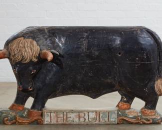 A folk art polychrome decorated pub or retail sign: The Bull
late 19th century