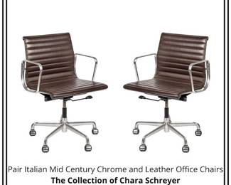 Pair Italian Mid Century Chrome and Leather Office Chairs