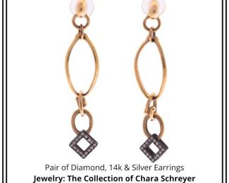 Pair of Diamond, 14k Silver Earrings