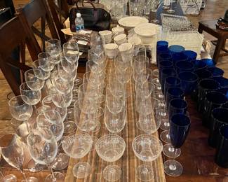 Etched glasses, sherbets, Cobalt, Noritake, Fostoria