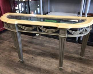 Beveled glass empire style painted console entry table. 