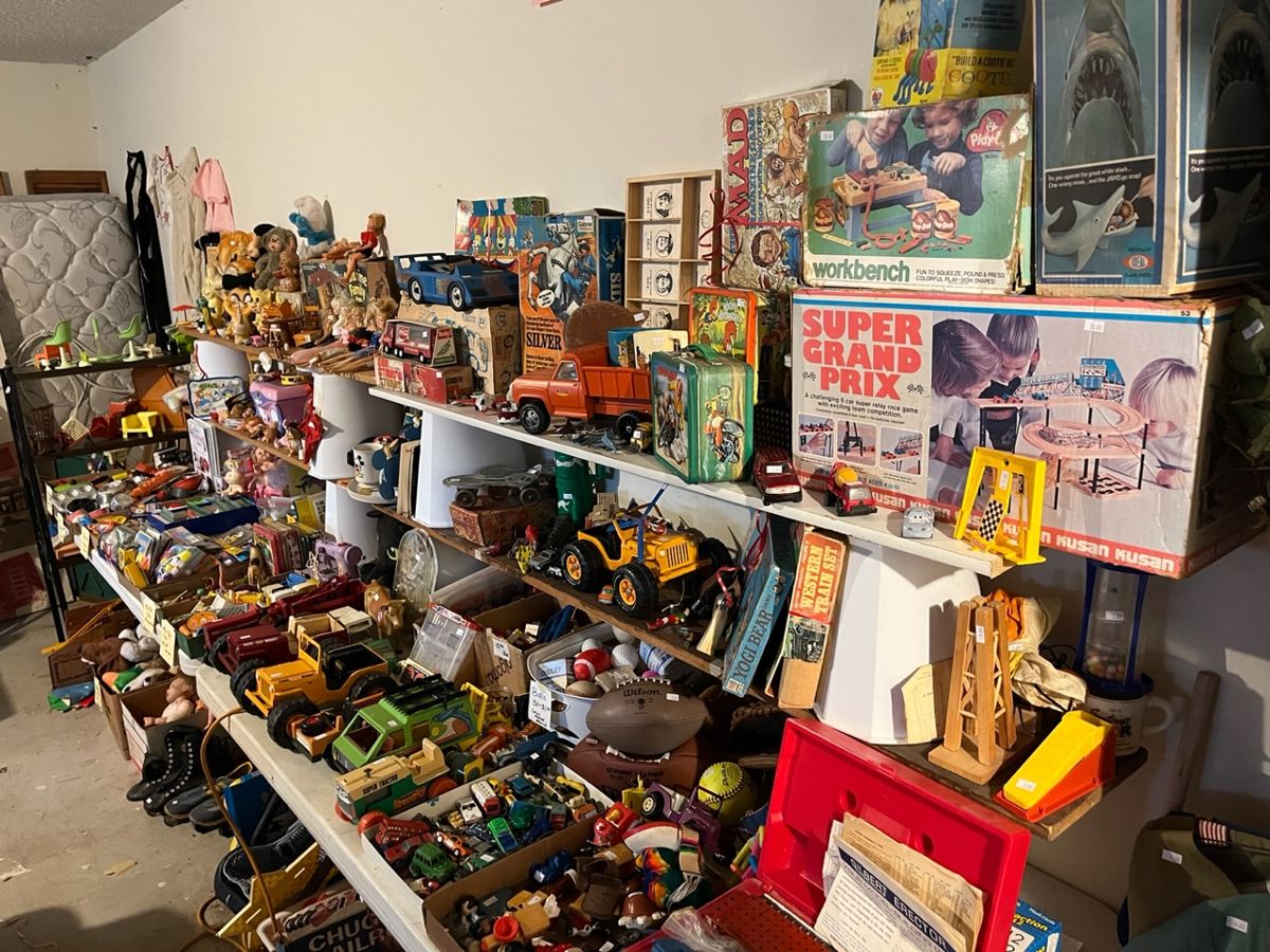 Half of the garage is filled with vintage toys!!
