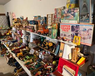 Half of the garage is filled with vintage toys!!