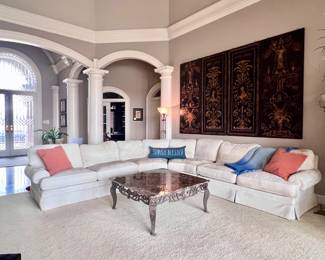 Pearson Chenille White Sectional Sofa, (a couple cushions need cleaning) Coffee Table and Large 4 Panel Wall Art 