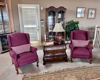 Arm Chairs, Curio Cabinet, Bombay Chest and Décor 