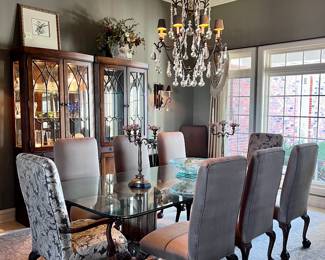 Beveled Glass Dining Table and Chairs, Décor and 2 x Illuminated Display Cabinets