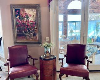 2 Leather Arm Chairs, Thomasville Leather Wrapped Accent Table and Signed Painting