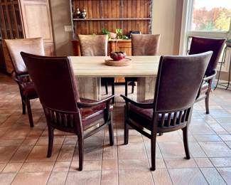 Travertine Dining Table and 6 Studded Leather Chairs