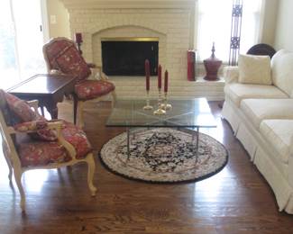 Henredon sofa, madden mcfarland chairs,mcm glass and chrome table, Mahogany tea table