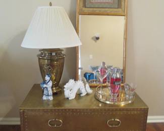 Sarreid 2 drawer brass chest, faux bamboo trumeau mirror, FF dragon