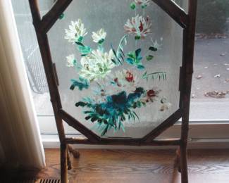 Victorian Bamboo and painted ribbed glass fireplace screen