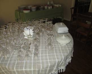 Lots of glassware, antique ironstone tureen. Dansk tapestries