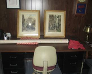 vintage metal desk and chair, framed artwork