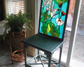 bamboo fern stand, Egret stained glass window, turquoise deco chippendale bamboo table