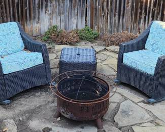 Outdoor Wicker Chairs, Table, & Firepit