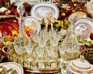 STANDOUT LARGE OVAL BRASS TRAY THAT BARBARA SHINED TO PERFECTION!  WATERFORD DECANTERS AND STEMS!  DOESN'T HAVE TO BE SILVER!