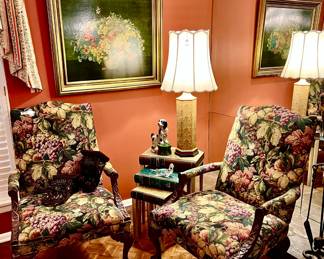 LOVELY ARM CHAIRS WITH CARVINGS AND FRUIT!