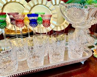 WATERFORD TUMBLERS.  NOTICE THE LARGE PUNCH BOWL ON BASE.