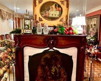 NOTICE THE ANTIQUE PAINTED FIREPLACE SCREEN!