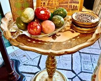 VINTAGE FLORENTINE TABLE, COASTERS, MARBLE EGGS.