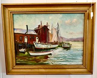 NAUTICAL OIL PAINTING DOCK SCENE BY MCCLOUD