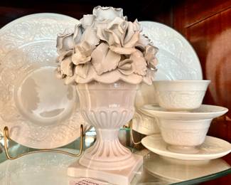 MAJOLICA WHITE FLORAL URNS.