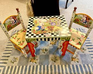 SWEET CHILD'S BUNNY TABLE WITH CARROT LEGS AND CHAIRS.