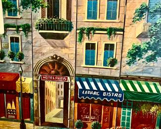 LARGE 4 PANELED FOLDING SCREEN FRENCH STREET SCENE.