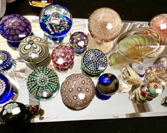 DESIGNER MILLEFIORI GLASS PAPERWEIGHTS AND CLOISONNE.  D. SALAZAR, MURANO.