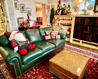 RICH GREEN LEATHER STUDDED SOFAS, COMFORTABLE!