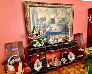LARGE ROMANTIC VENETIAN VINTAGE OIL PAINTING.  SO PRETTY!  BEAUTIFUL ENTRY TABLE WITH PRETTY DETAIL.