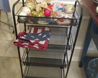 Utility Cart w/ tree decorations.  Table runner