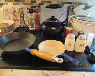 Kitchen misc.  Skillets are Le Creuset