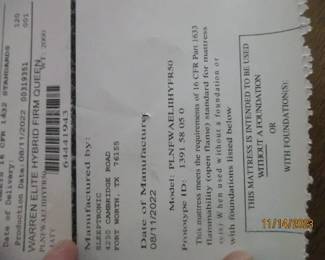 Warren Elite Mattress label