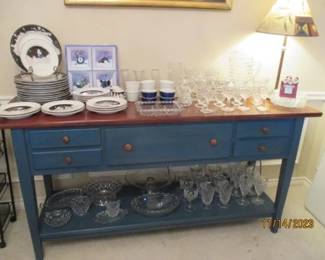 Green Side Buffet w/ Fostoria glassware, bowls, accent pieces,  'Epoch' Dinnerware 