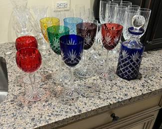 Faberge stemware and decanter set of 6 rainbow glasses, one decanter