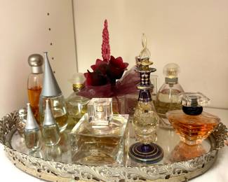 Assortment of Perfume, Egyptian Glass Perfume Bottle, Mirrored Vanity Tray