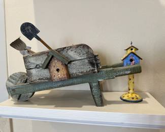 Wooden Wheelbarrow Decoration, Mini Enameled Birdhouse Decoration