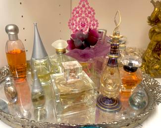 Assortment of Perfume, Egyptian Glass Perfume Bottle, Mirrored Vanity Tray
