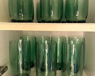 Set of Green Glasses - 6 Lowball Glasses, 7 Highball Glasses