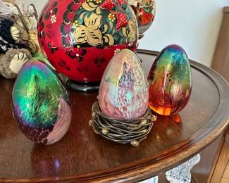 3 Multicolored Iridescent Blown Glass Eggs