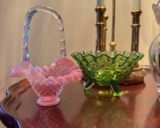 Opalescent Cranberry/Pink Glass Basket - Hobnail with Ruffled Rim, Green Glass 3 Legged Hobnail Dish with Ruffled Rim 