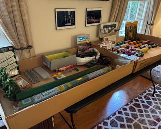 Train system including track and cars, some in original boxes