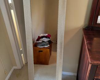 Wicker floor mirror with attached hook for hanging on door as well